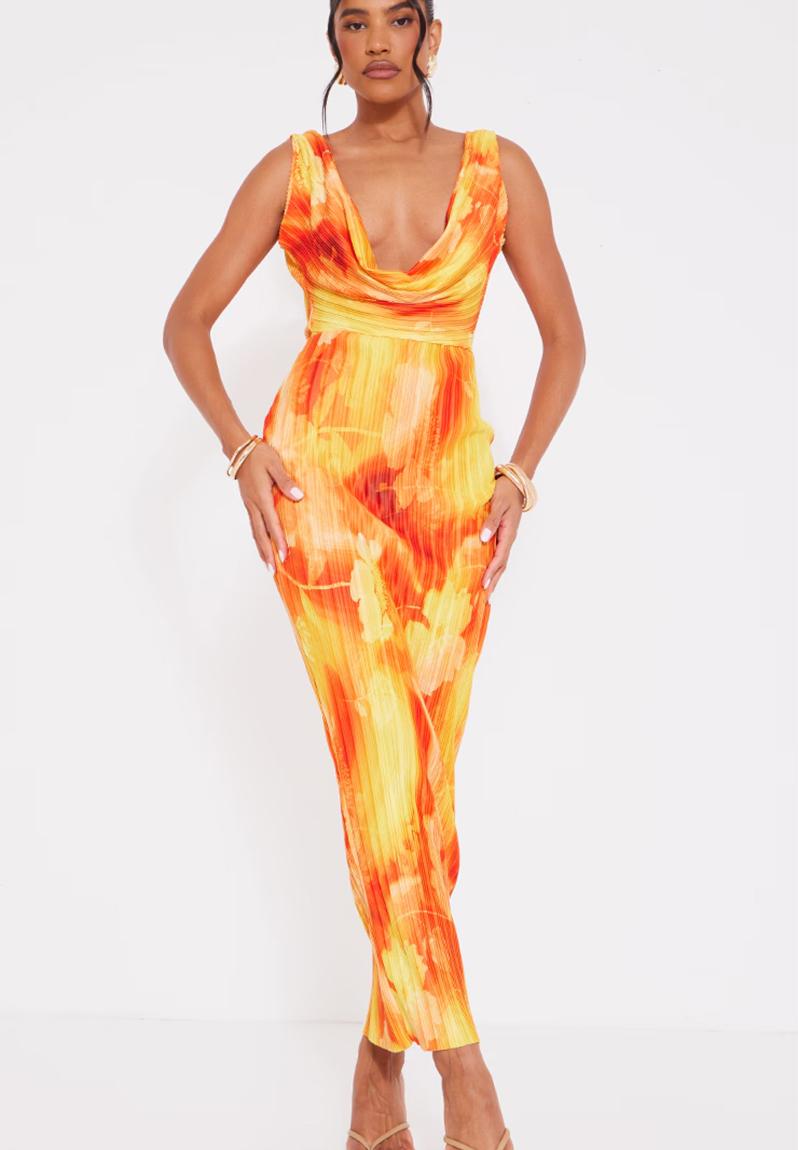 Lysette Pintuck Pleat Maxi Dress Print Orange
