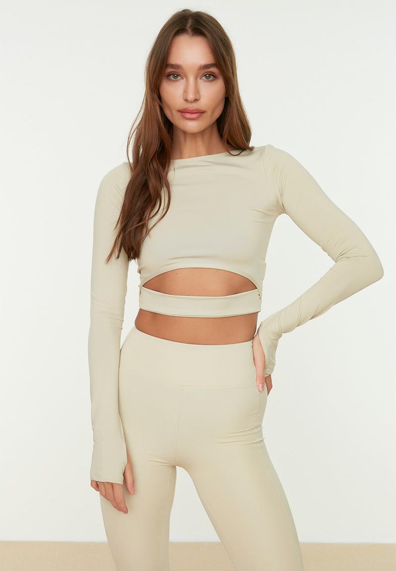 litmus Thumb hole skin top ベージュ スキントップス Crop Window/Cut Out and Thumb Hole Detail Knitted Sports Top - Stone