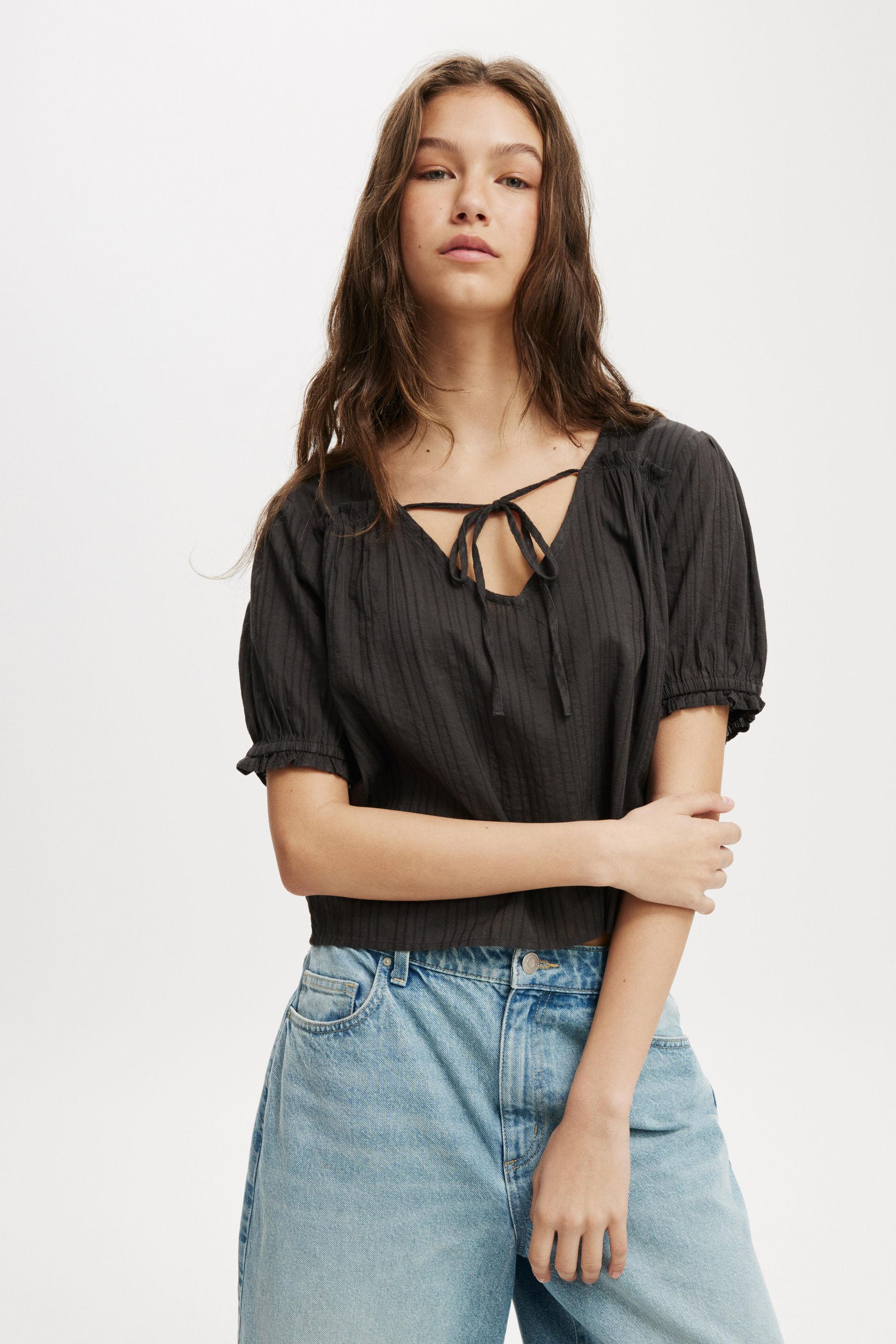 Tully Textured Cotton Blouse - Washed Black Cotton On Blouses ...
