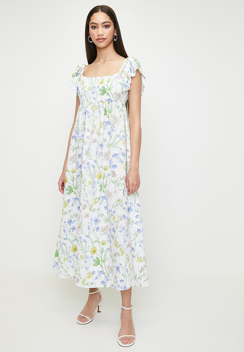 Volume ruffle sleeve midi dress - blue delicate daisy aop MILLA Formal ...