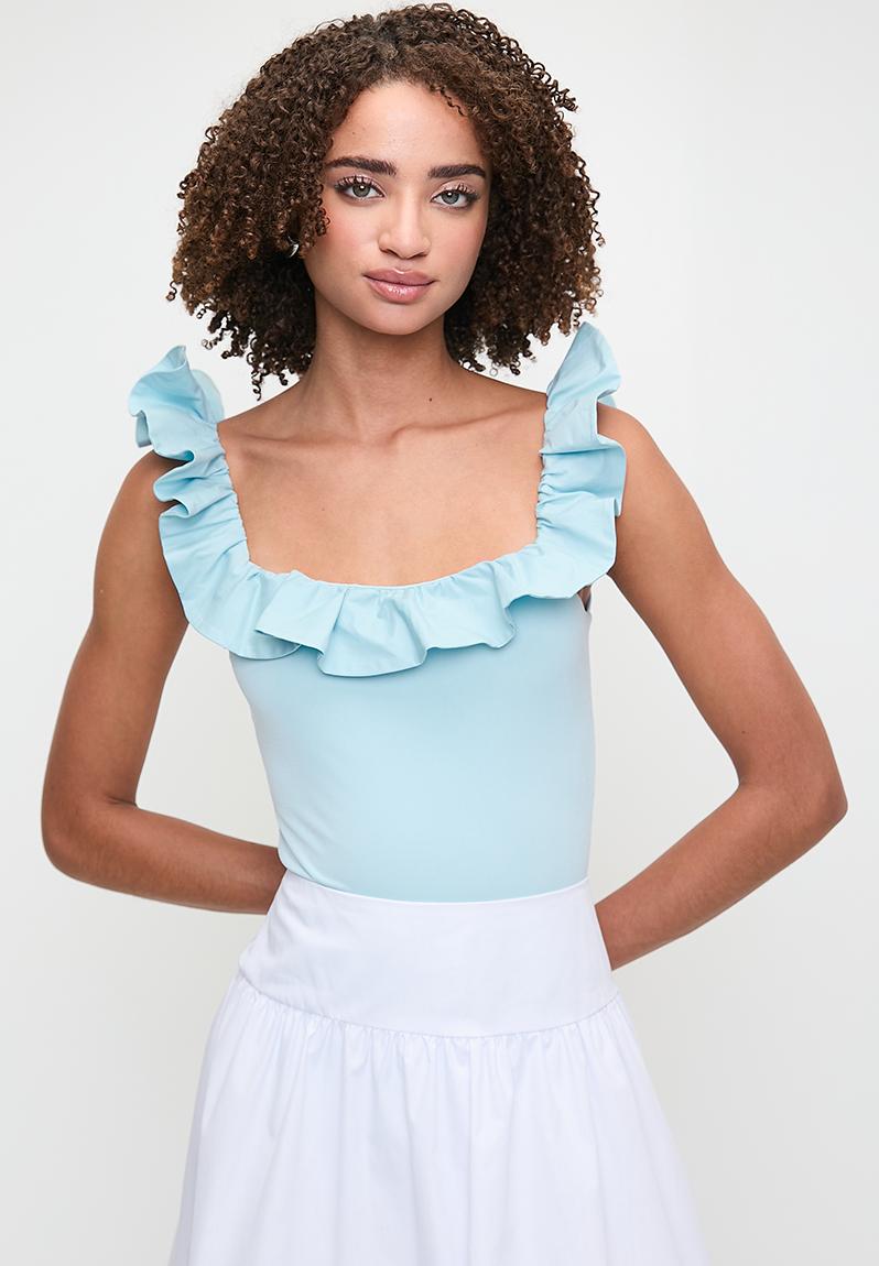 Square neck ruffle bodysuit - blue