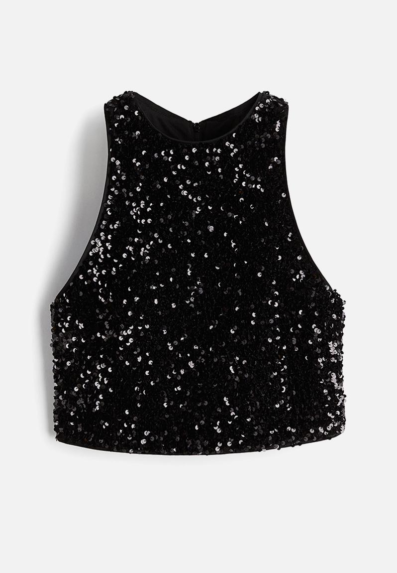 Hala Crop Vest Top in Black Sequin main image 1