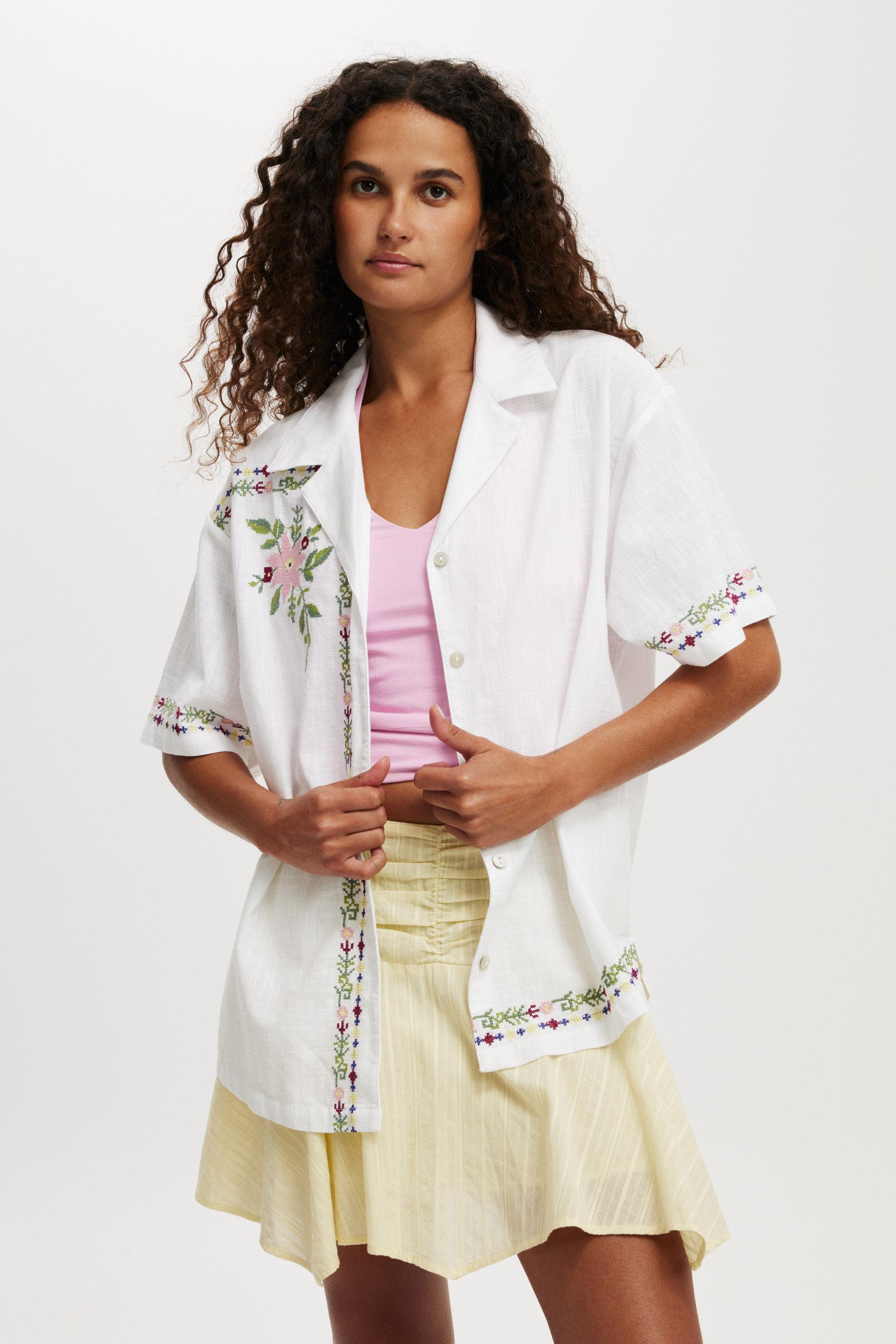 Check Embroidered shirt top with short sleeves main image 1