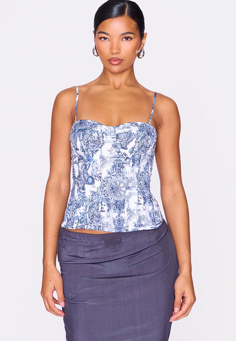 Renaissance Print Structured Corset Top - Blue
