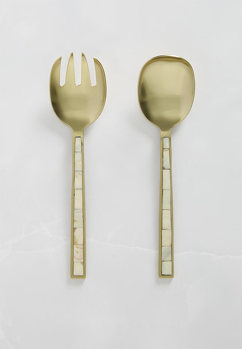 Pearl inlay serving spoons set of 2 - Silver
