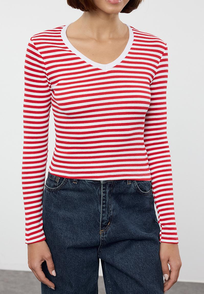 Red Stripe Buttoned V Neck Collared Drop Shoulder Top main image 0