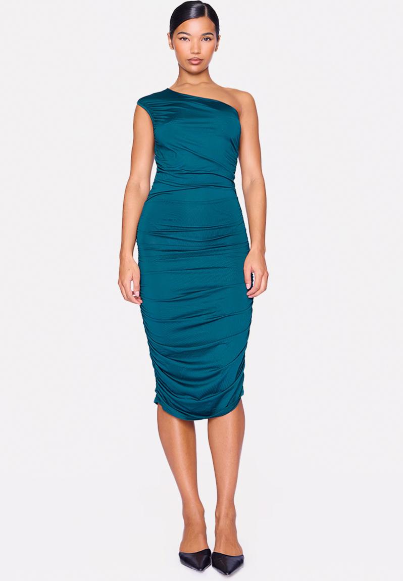emerald green slinky ruched one shoulder longline midi dress Emerald Green One Shoulder Ruched Maxi Dress, M / Green