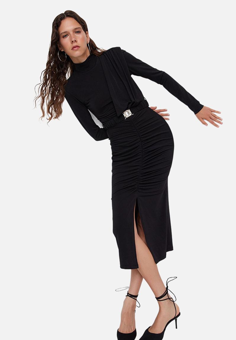 12991 Black Ribbed Stitching Pencil Dress