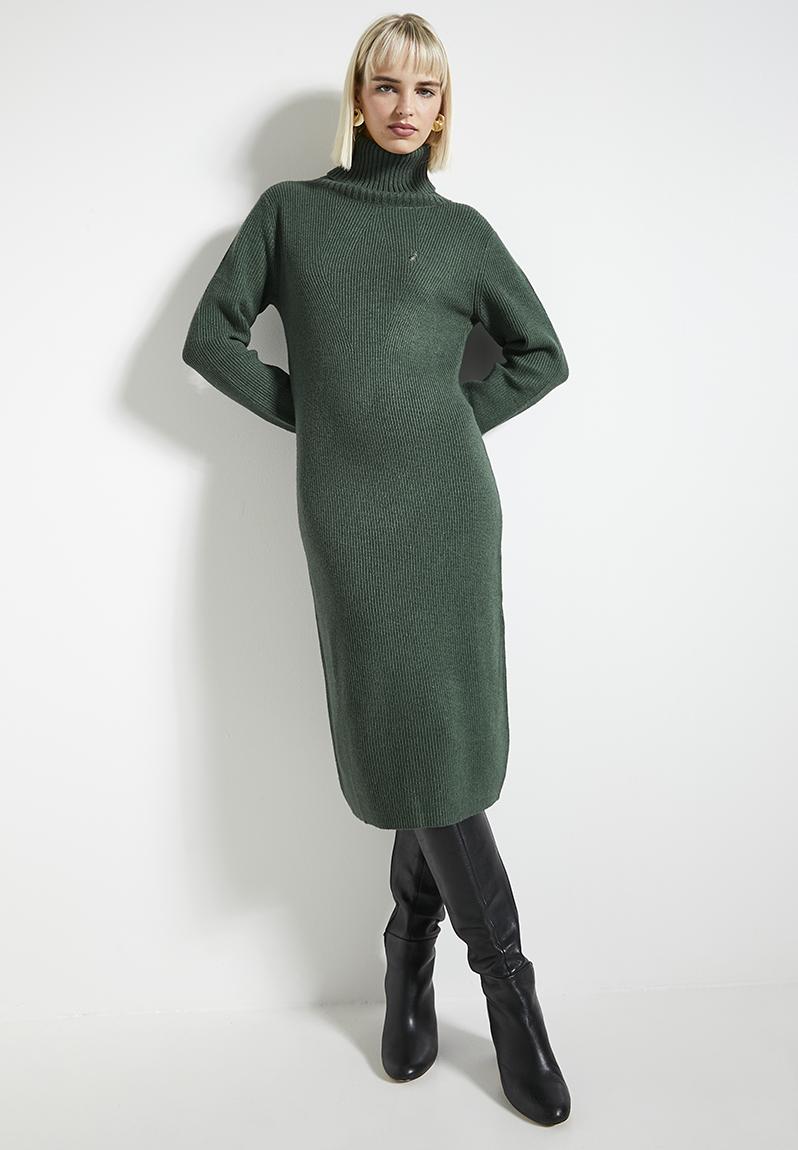 Wmn olivia ls roll neck knit dress - forest green