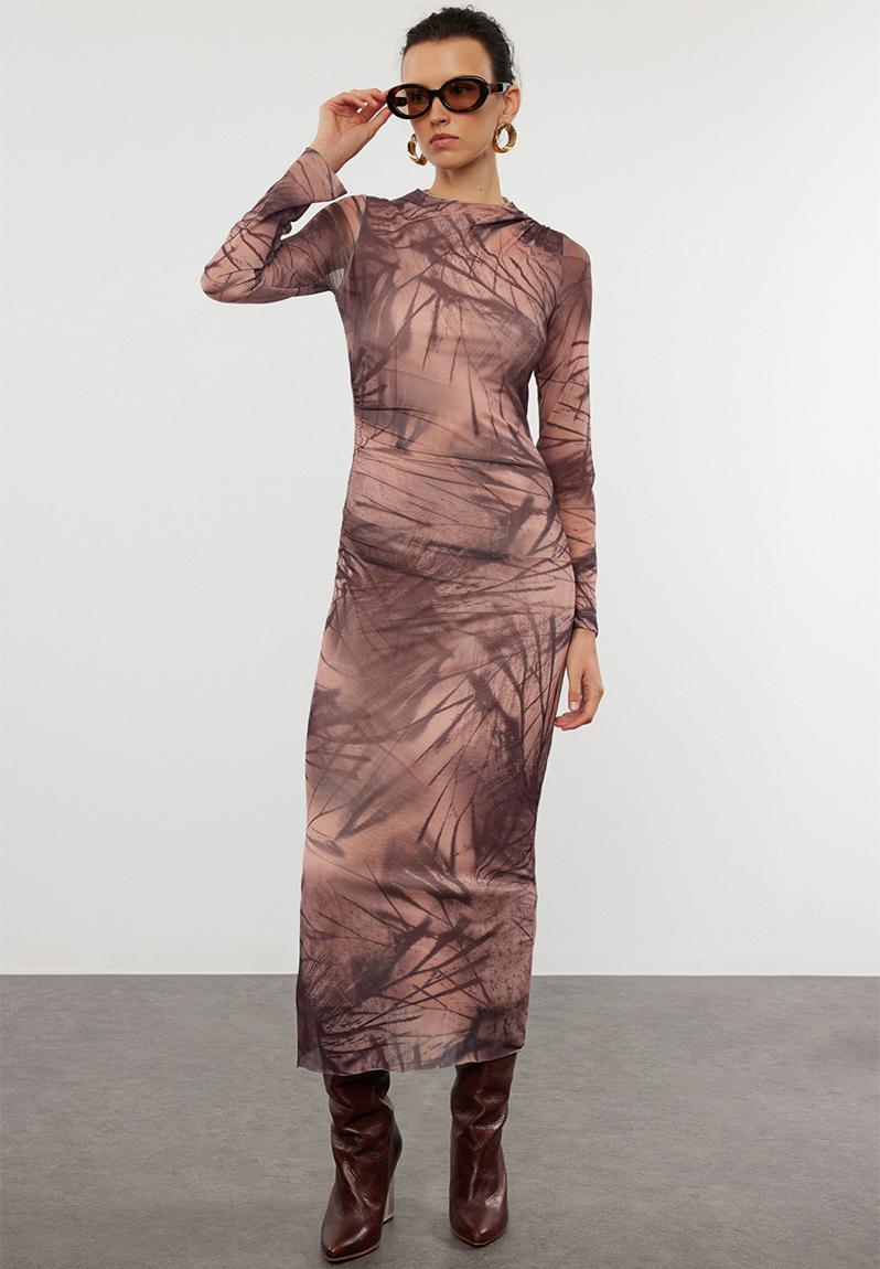 Abstract bodycone gathering / drape maxi knitted dress - beige