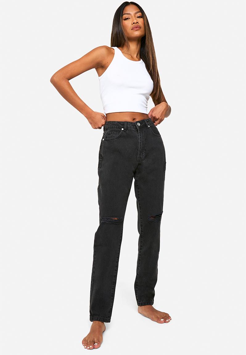 Basics 32 Inch Leg High Waisted Ripped Mom Jeans - Washed Black boohoo ...