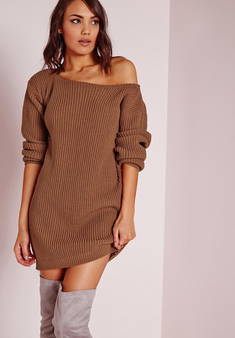 off-shoulder-jumper-dress-brown-missguided-casual-superbalist