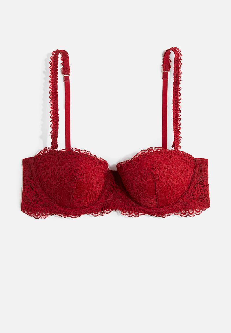 Padded lace balconette bra - dark red - 1252636003