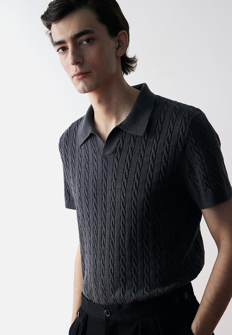 Regular fit cable-knit polo shirt - dark grey - 1248274004