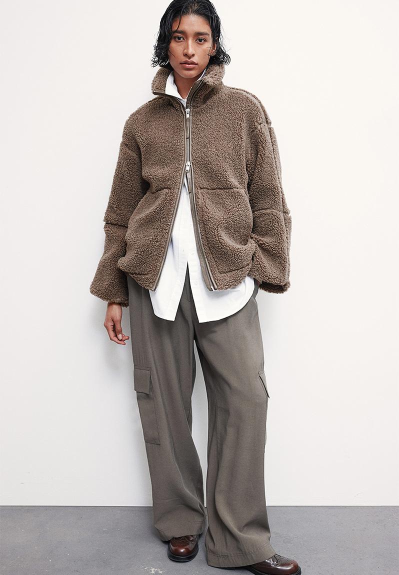 Loose teddy jacket - dark beige - 1226826002