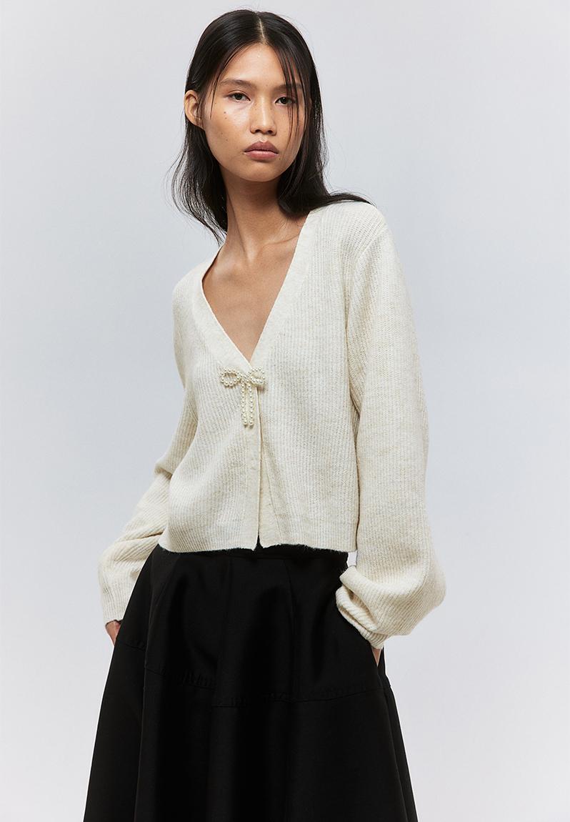 Bow-detail rib-knit cardigan - cream - 1247686001