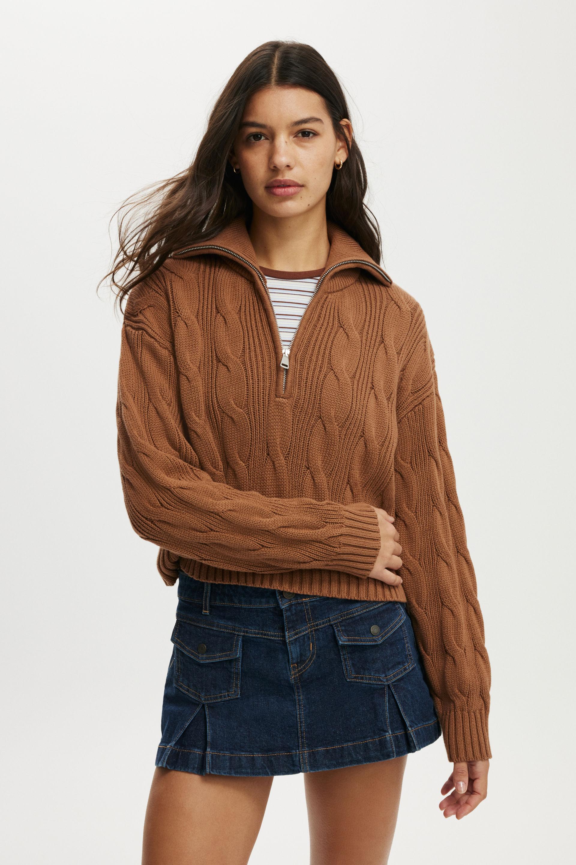 Cotton cable half zip pullover - walnut