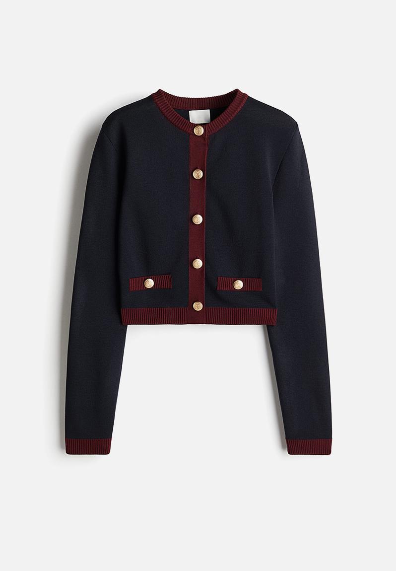 Fine-knit cardigan - navy blue/burgundy - 1263494007