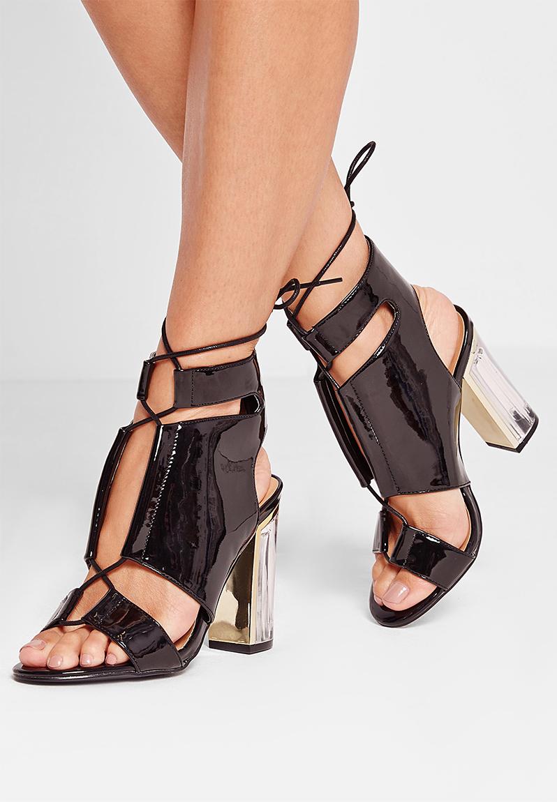 black perspex lace up heels