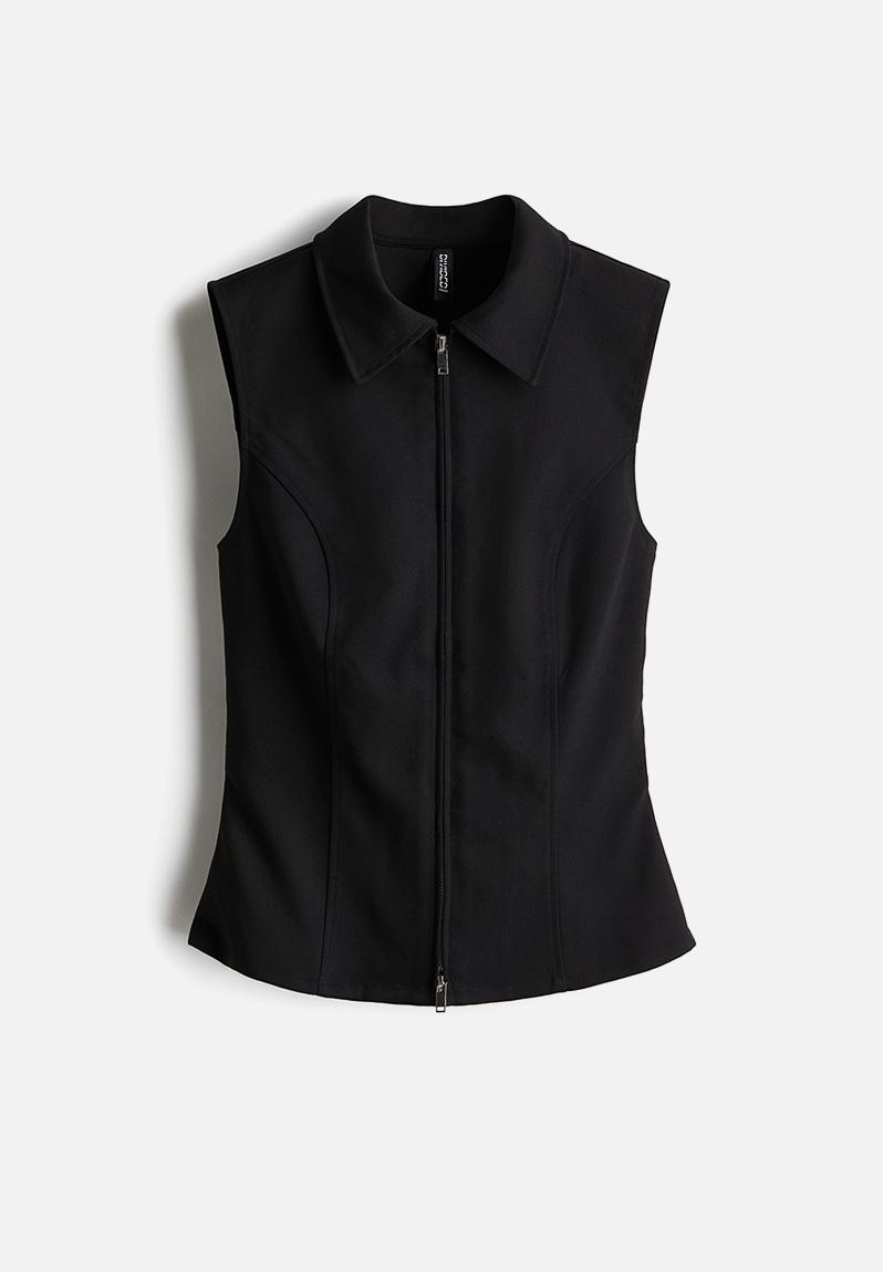 Collared zip-through vest top - black - 1264053001