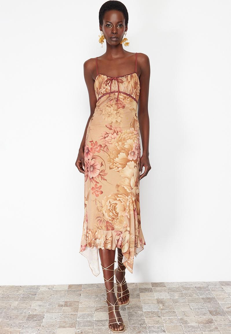 A-line floral patterned ruffle knitted tulle dress - very colorful