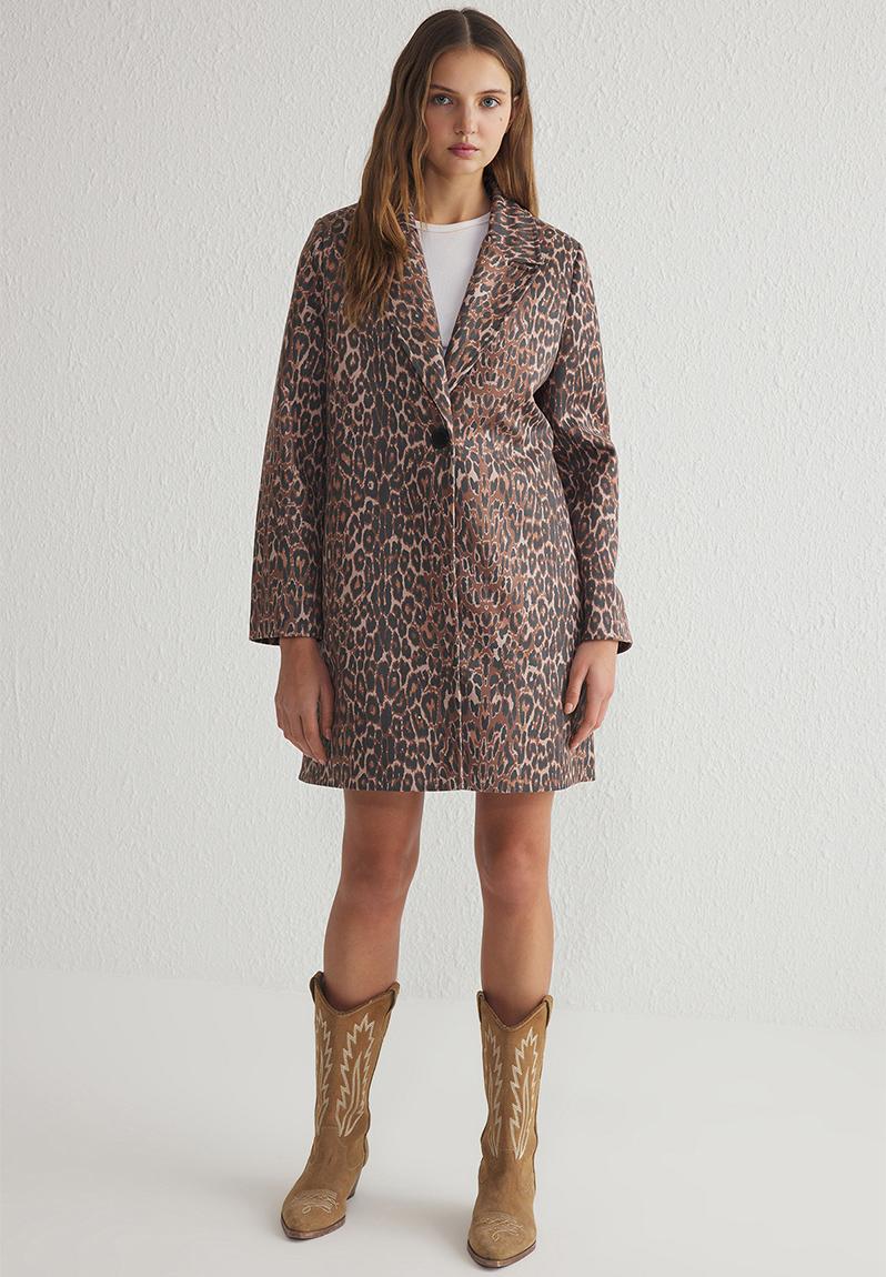 Leopard print oversize midi trench coat - brown