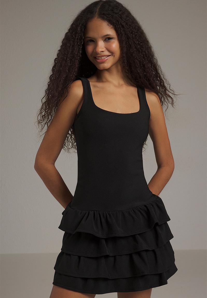 Frill Short / Mini Flexible Knit Dress - Black