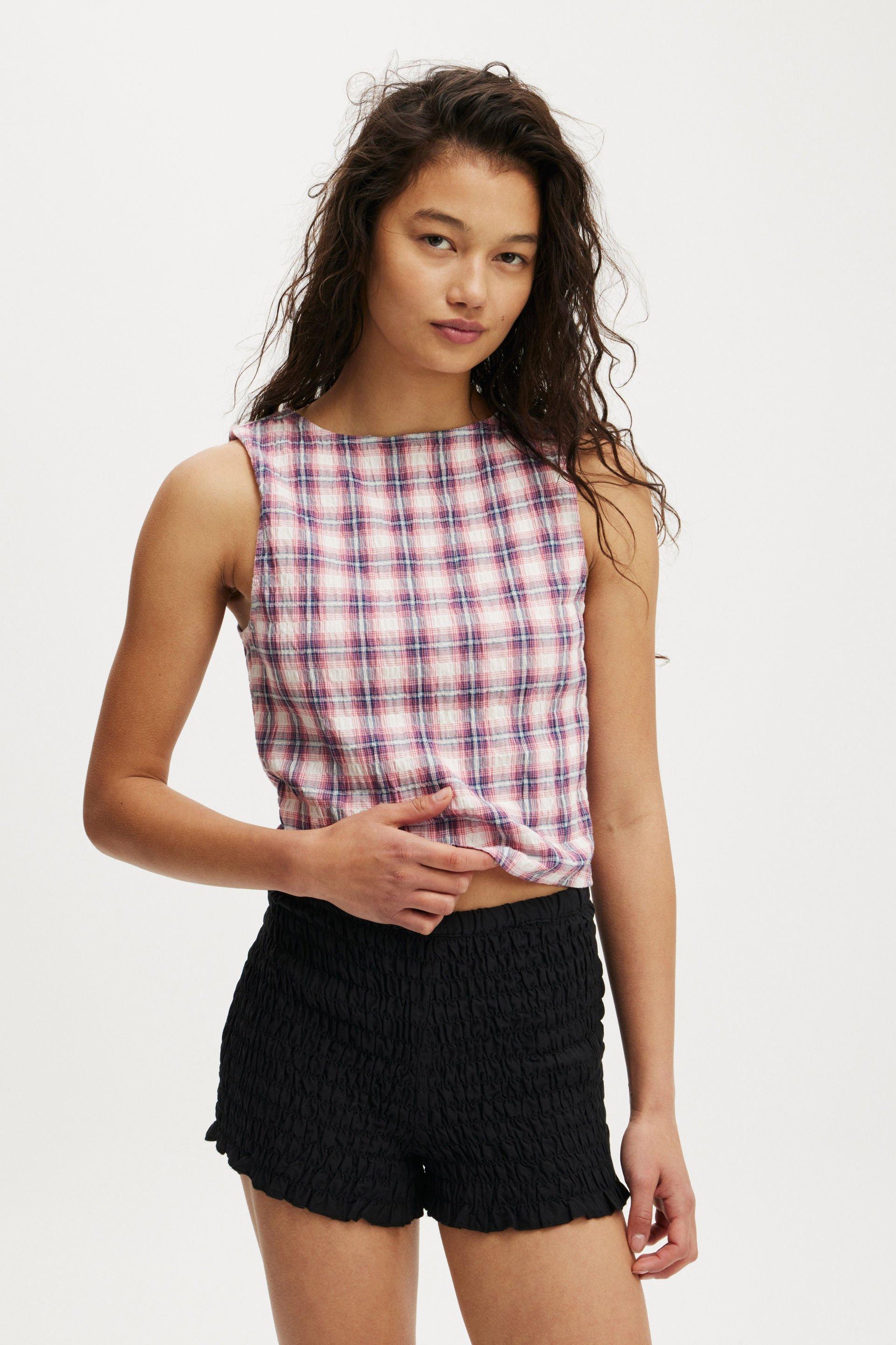 Alina Shirred Boat Neck Top - Harri Micro Check Fairy Dust