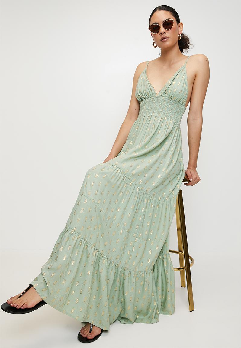 Strappy Triangle cup Sheer Maxi Dress with gold detail in fabric - Green