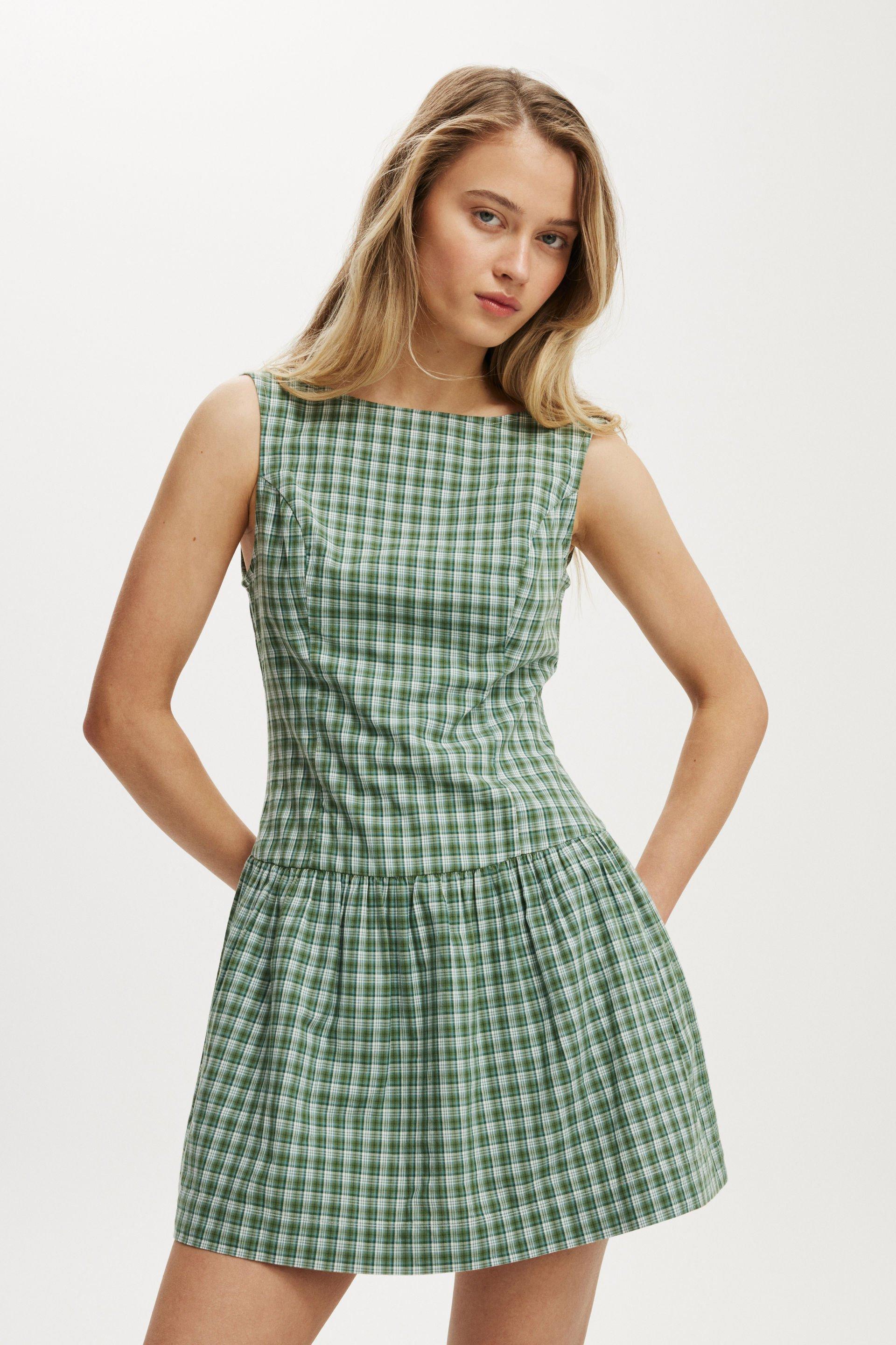 Mikki drop hem mini dress - greta check frosted green