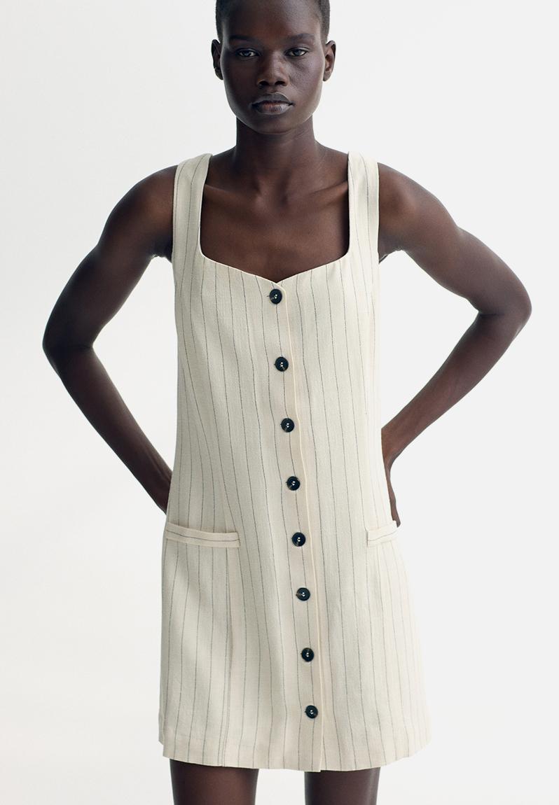 Robe D'été Wren En Lin Blanc à Rayures - Col Carré, Sans Manches, Taille XS, Avec Ceinture, Occasion Excellent état