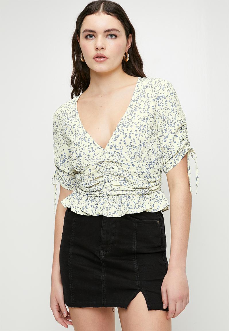Ladies V-Neck Short Tie Sleeves Top - Cream/Blue