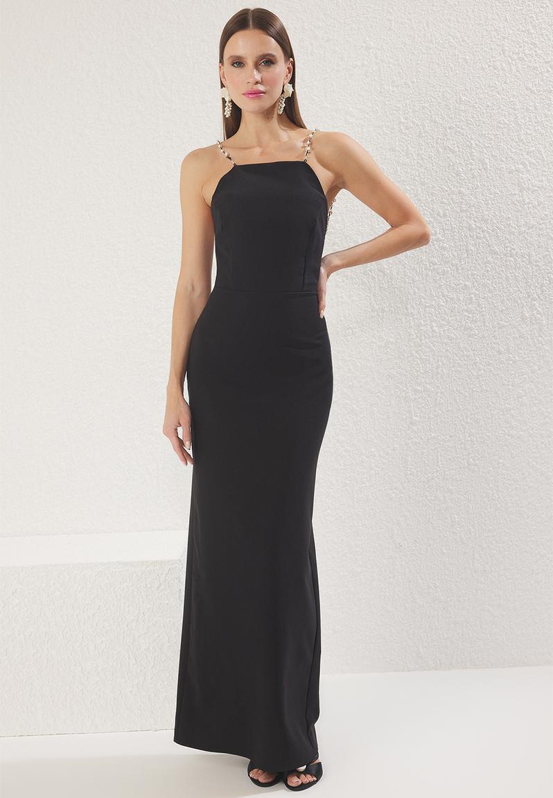 Pearl woven long elegant evening night graduation dress - black