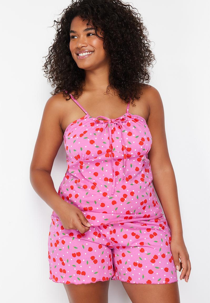 Patterned Knitted Pajama Set - Multicolored Cherry