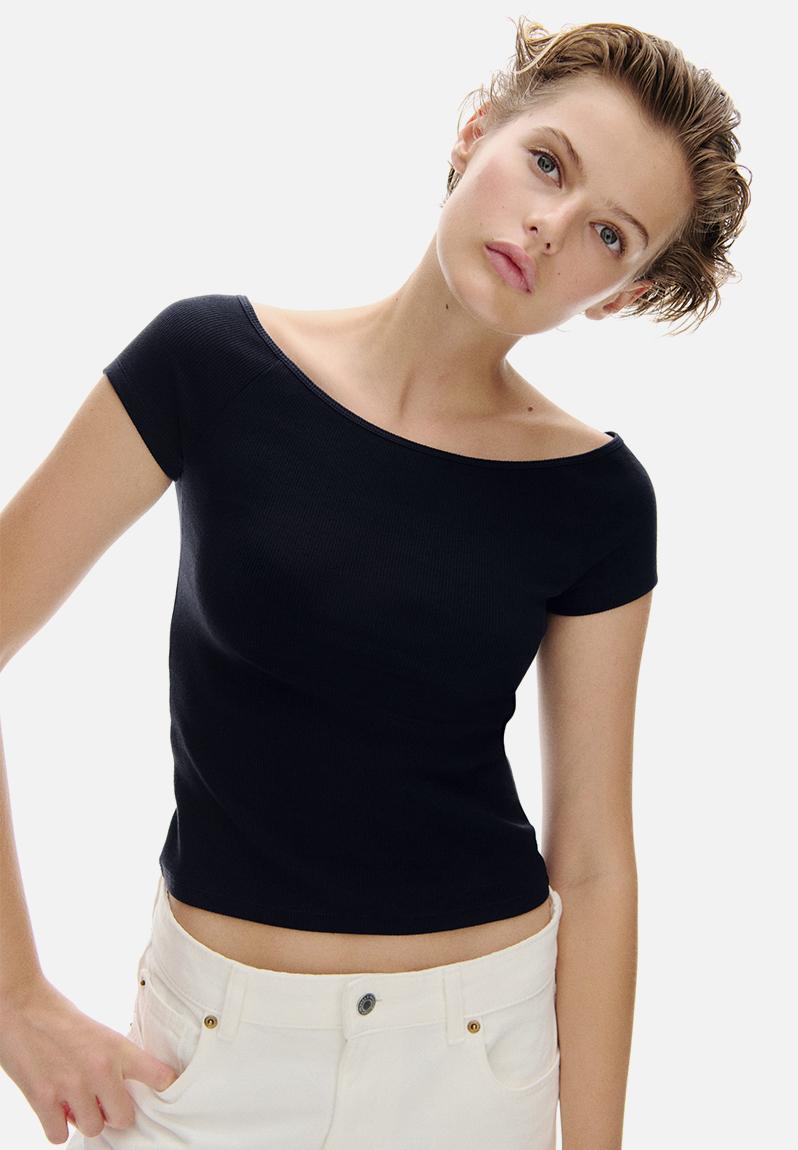 Ribbed off-the-shoulder top - navy blue - 1282200004