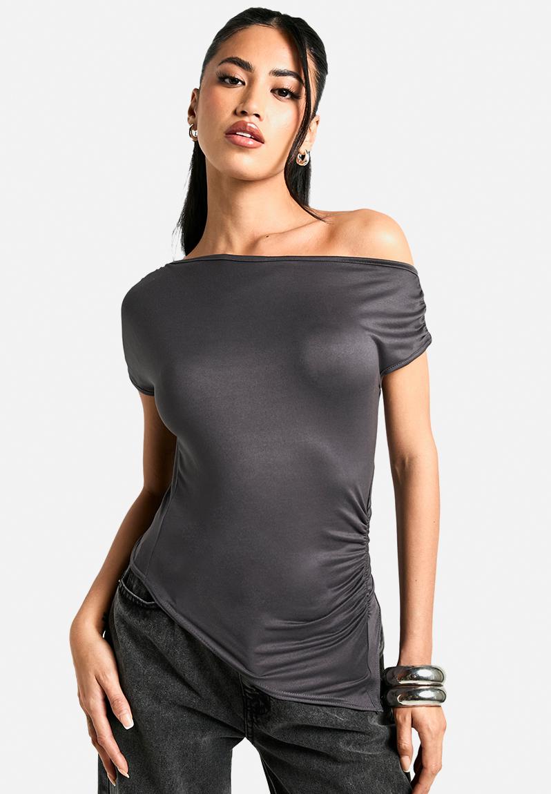 CARLA カーラ　Lady shoulder tops Charcoal Supersoft drape off shoulder ruched top - charcoal