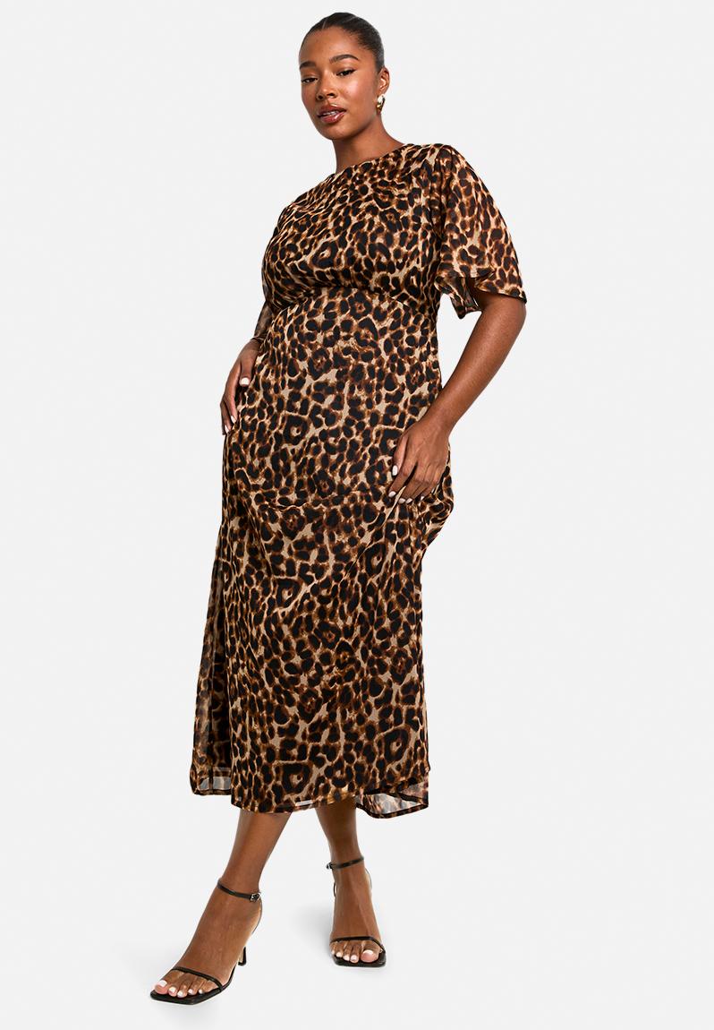 Plus leopard chiffon midaxi dress - brown