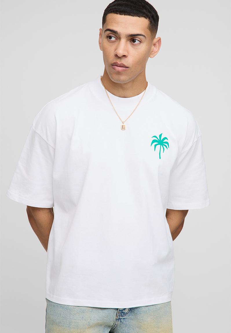 Oversized Boxy Extended Neck Moto Faux Graphic T-Shirt - White