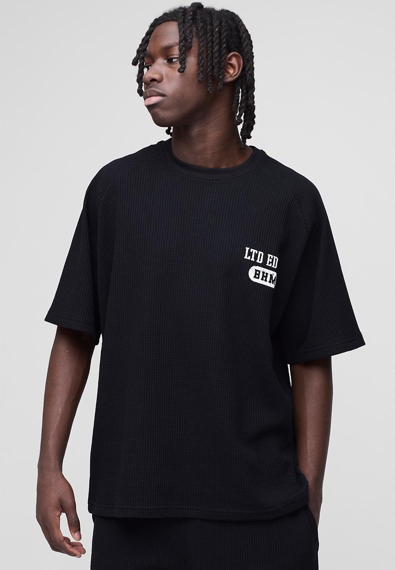 Oversized Raglan Waffle Print T-Shirt - black