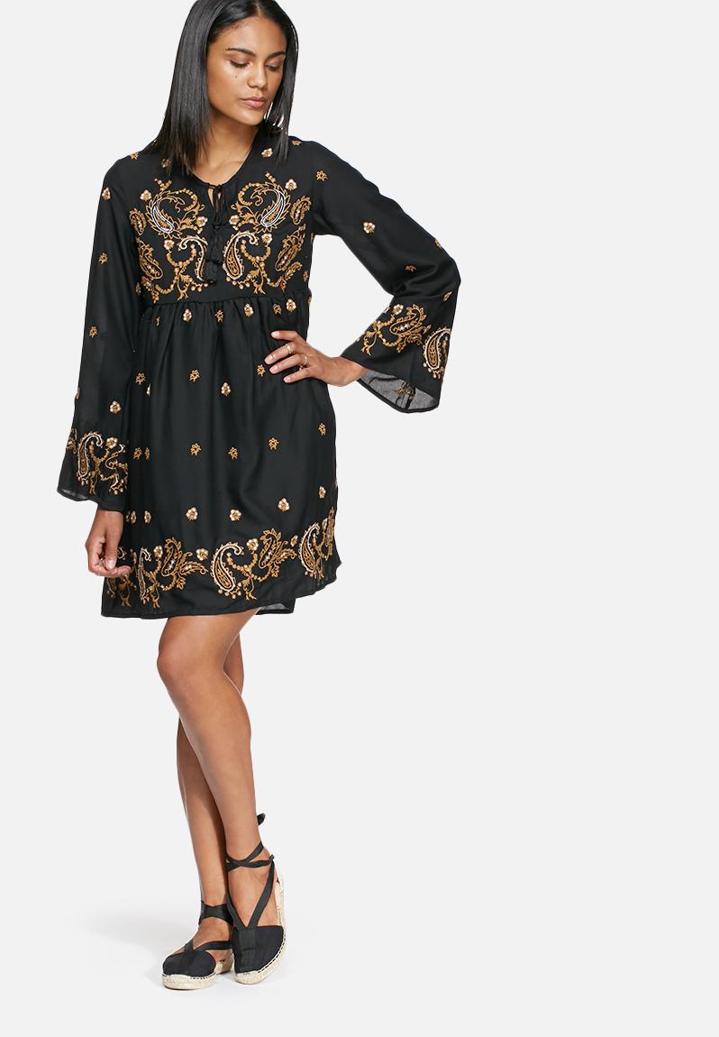 Black/Gold Long-Sleeve Embroidered Dress