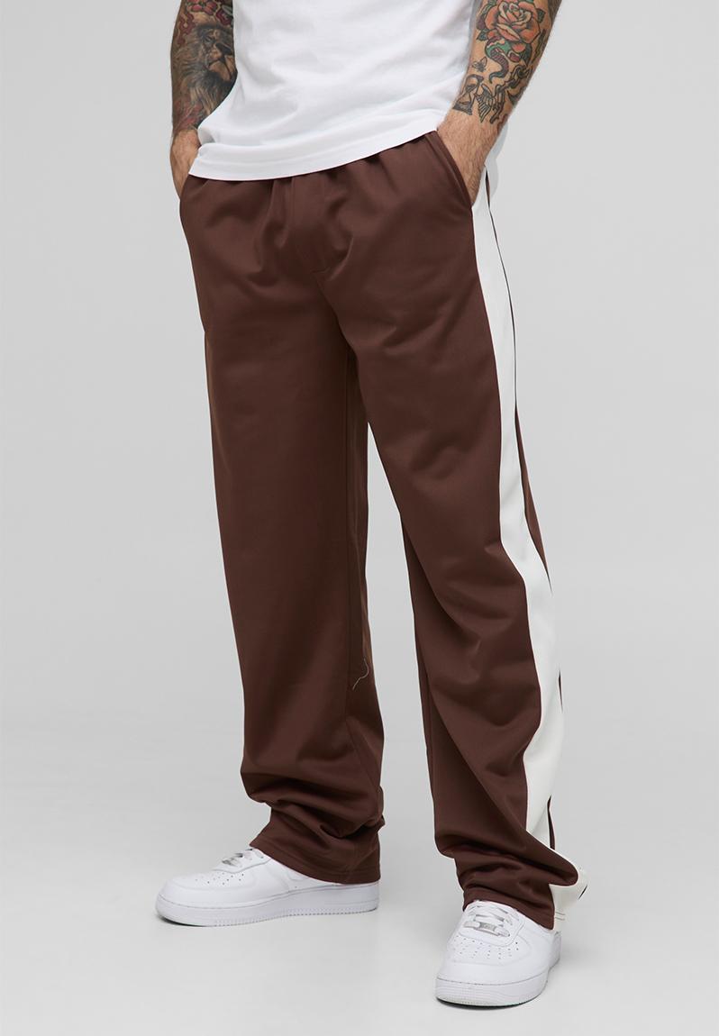 Elasticated Waist Relaxed Fit Side Panel Track Pants - Chocolate