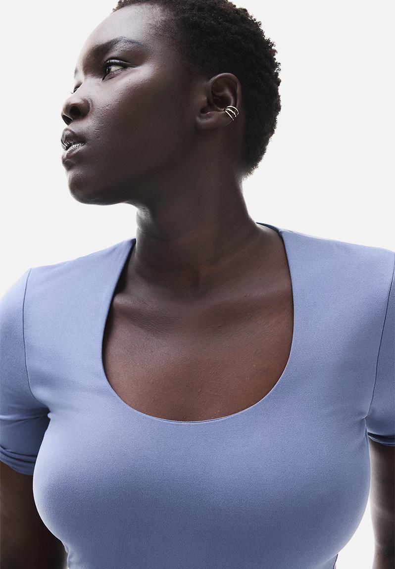 トップス SQUARE NECK LADY LIKE PLEATS TOP Square-neck top - dusty blue - 1293264003