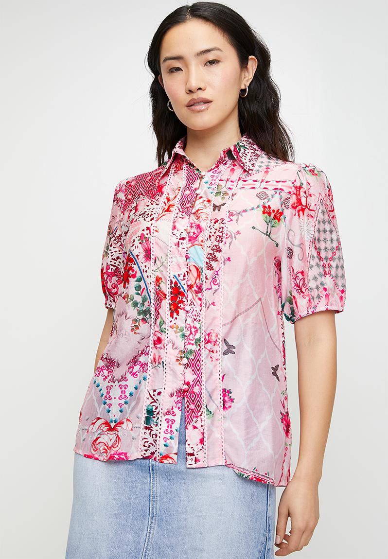 S/s multi print fitted shirt with ladder lace detail down seams - pink ...