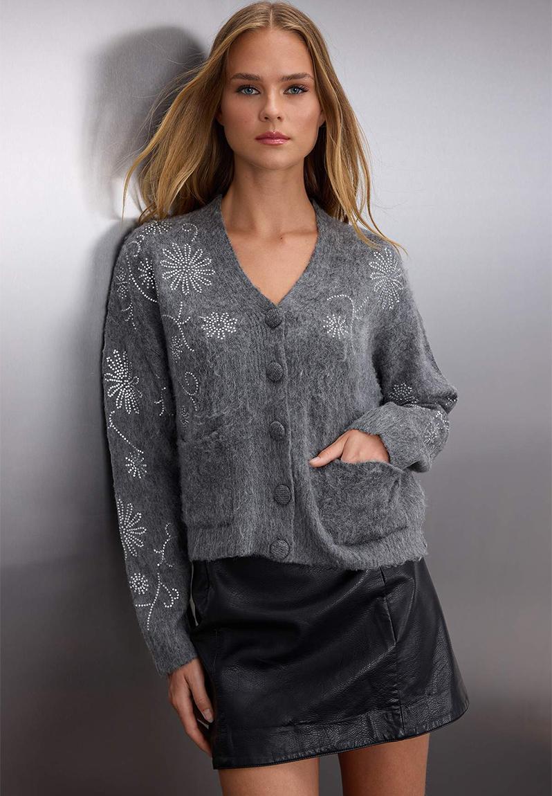Soft Texture Wide Fit Stone Embroidered Knitwear Cardigan - Dark Grey