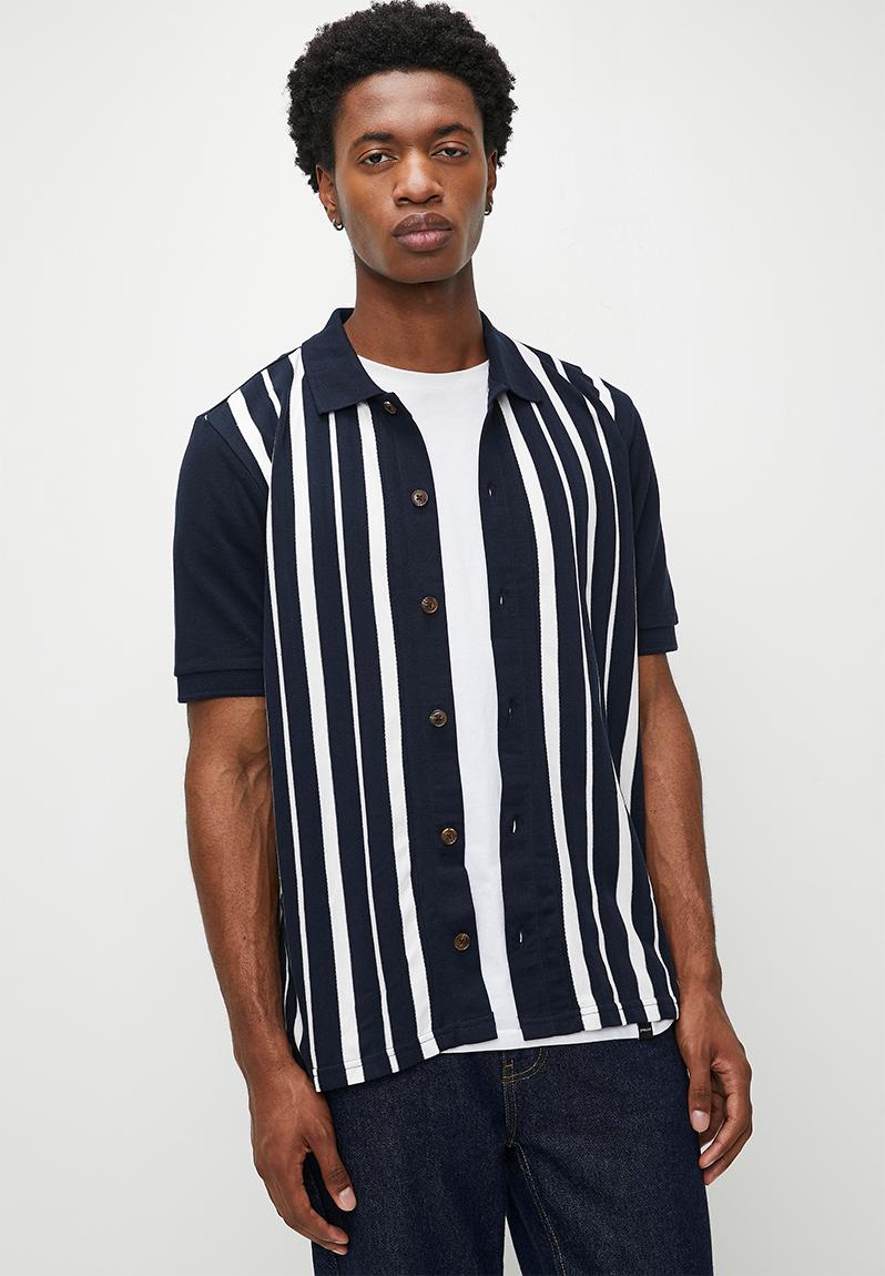 Btn Thru Stripe Polo - Dark Navy