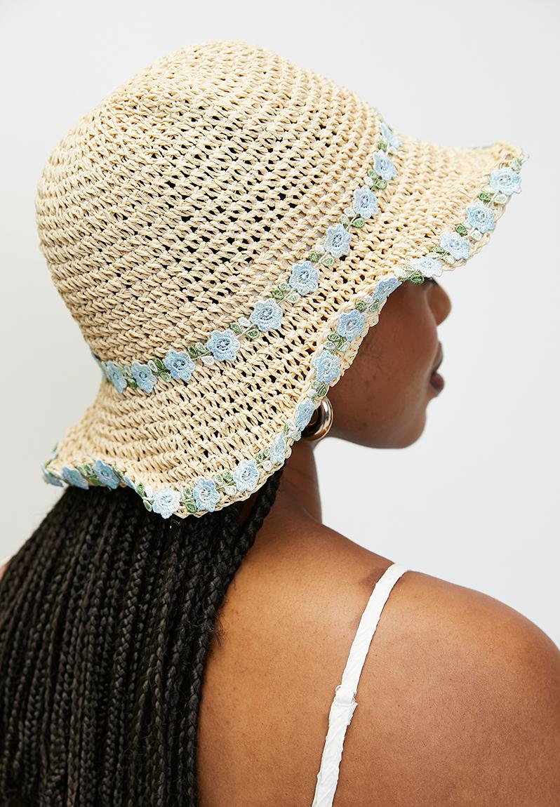 Azalea woven floral straw bucket hat- natural