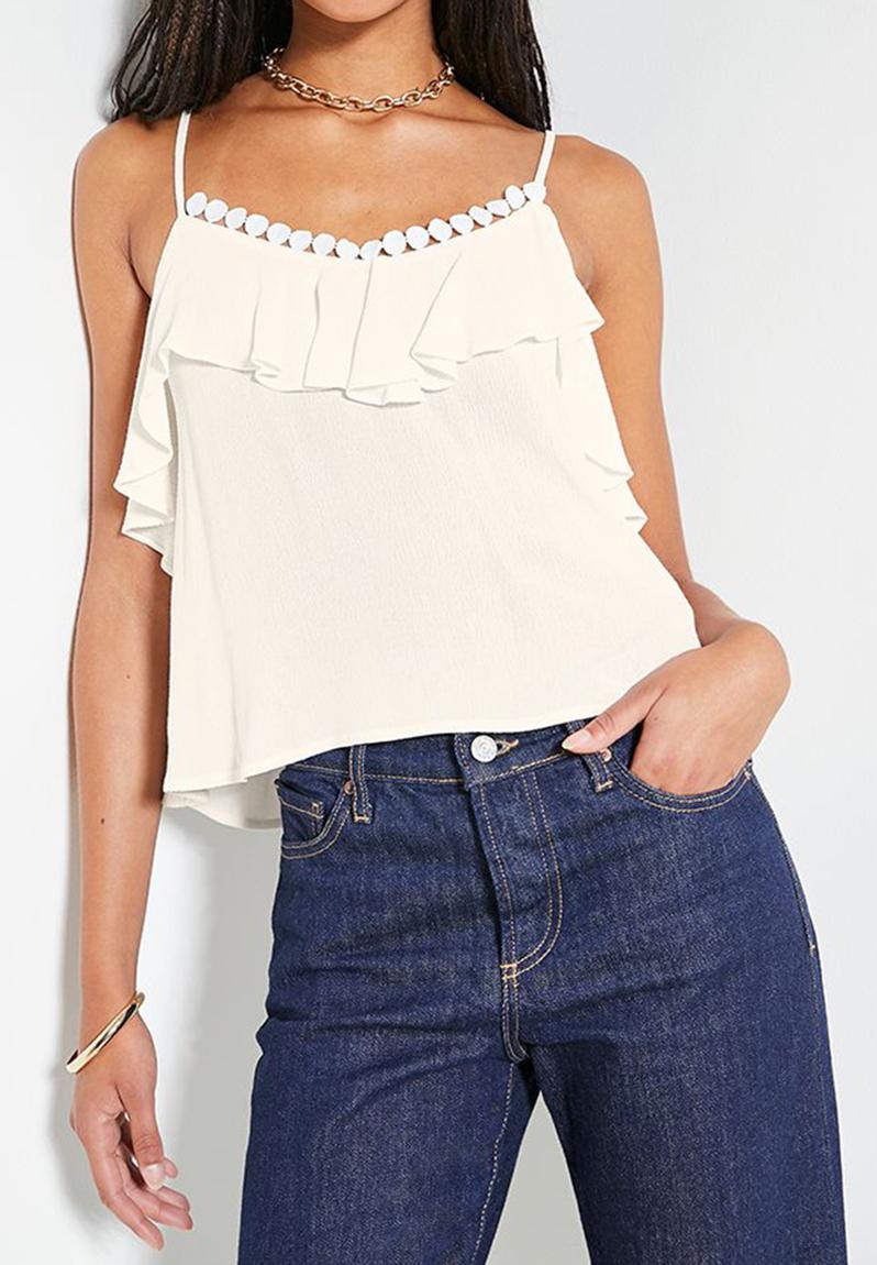 Soft ruffle crinkle cami with trim - white