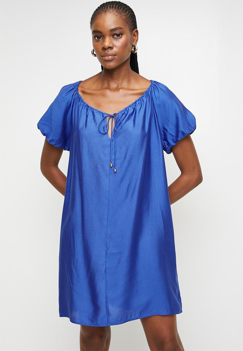Drawstring-neck dress - dark blue - 1275760008