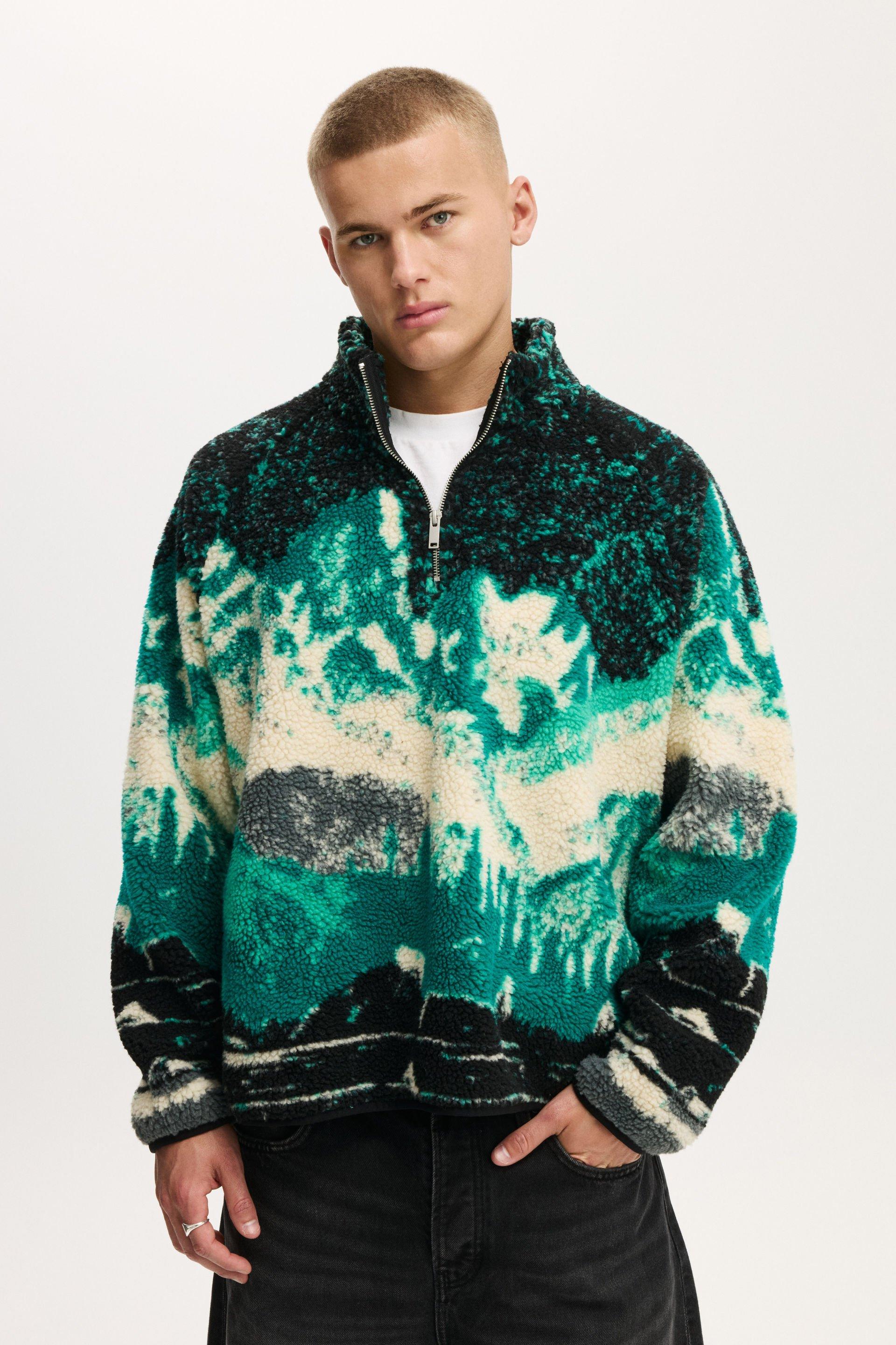 QUARTER ZIP TEDDY FLEECE - GREEN MULTI MOUNTAINS