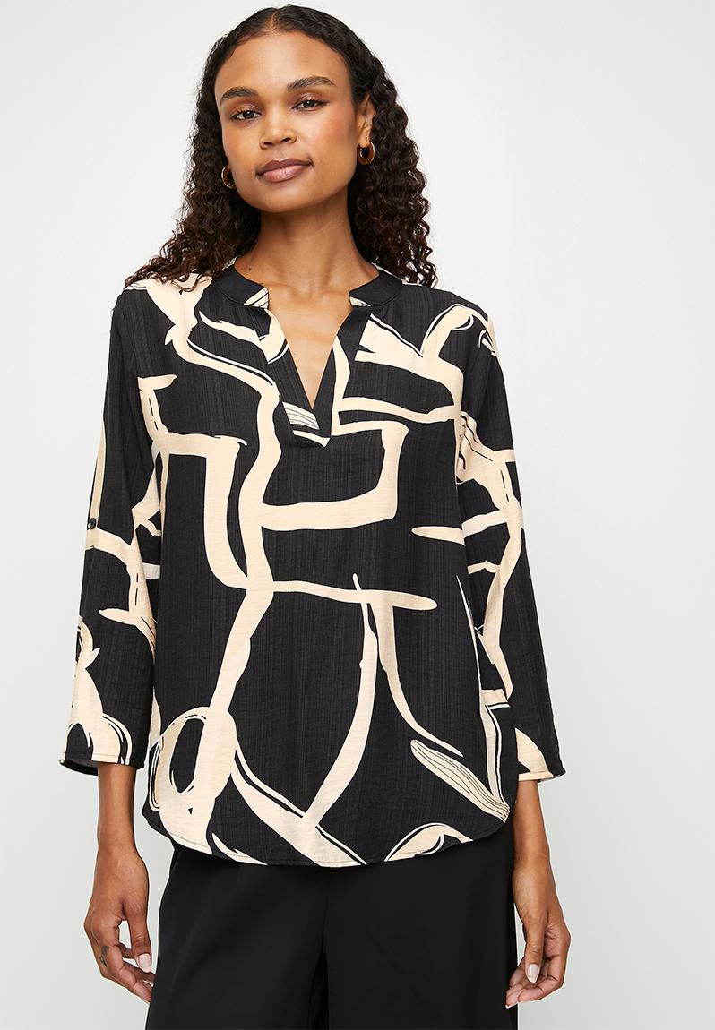 3/4 Sleeve Key Hole Hem Printed Blouse - Black/White